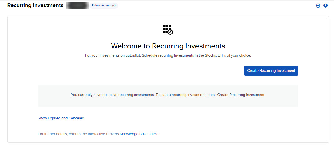 The recurring investments panel in portal. 